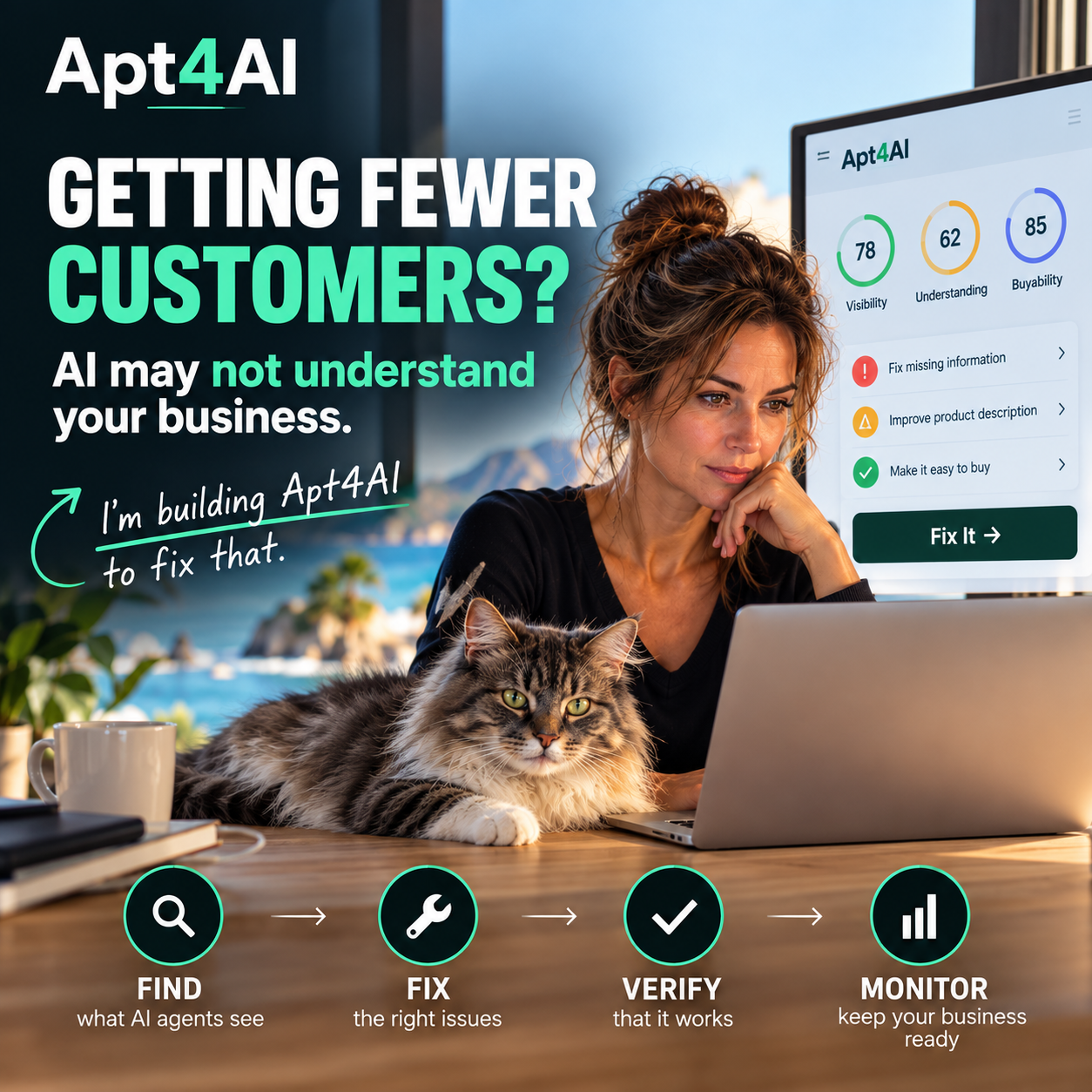 Apt4AI AI readiness for small businesses, with a business owner reviewing an AI audit